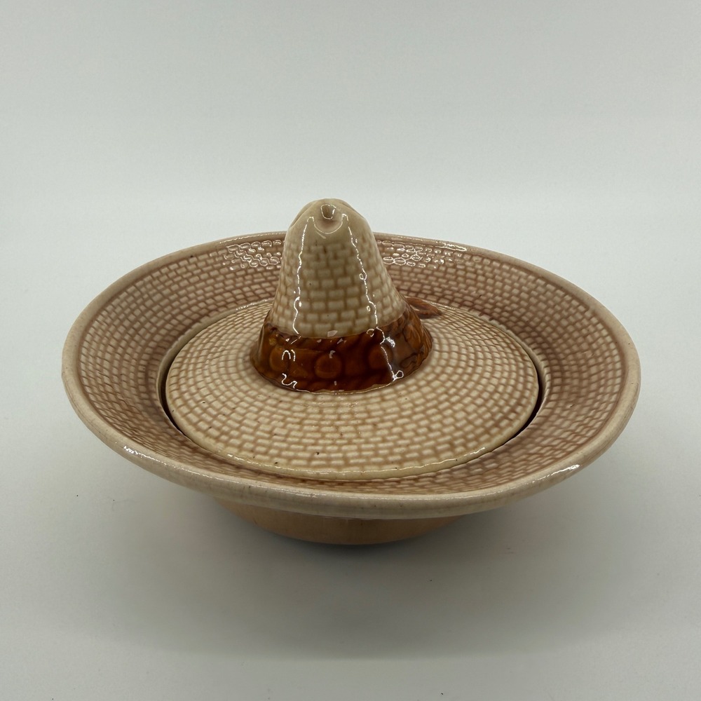 Whittier Ware Salsa Server 7.5" Tan Basketweave Ceramic Sombrero Lid